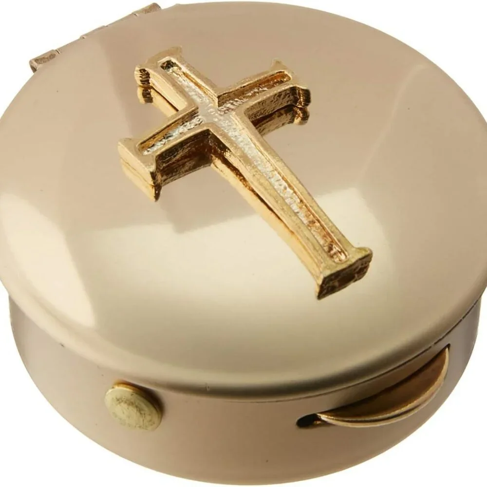 Polished Brass with Cross Jewelry Pill Keepsake Box Gold‎ Beauty Vanity